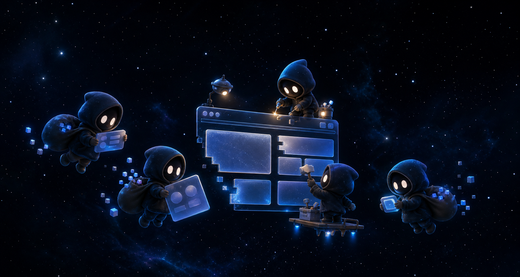 A tiny hooded cosmic crew rebuilding a floating webpage among the stars.